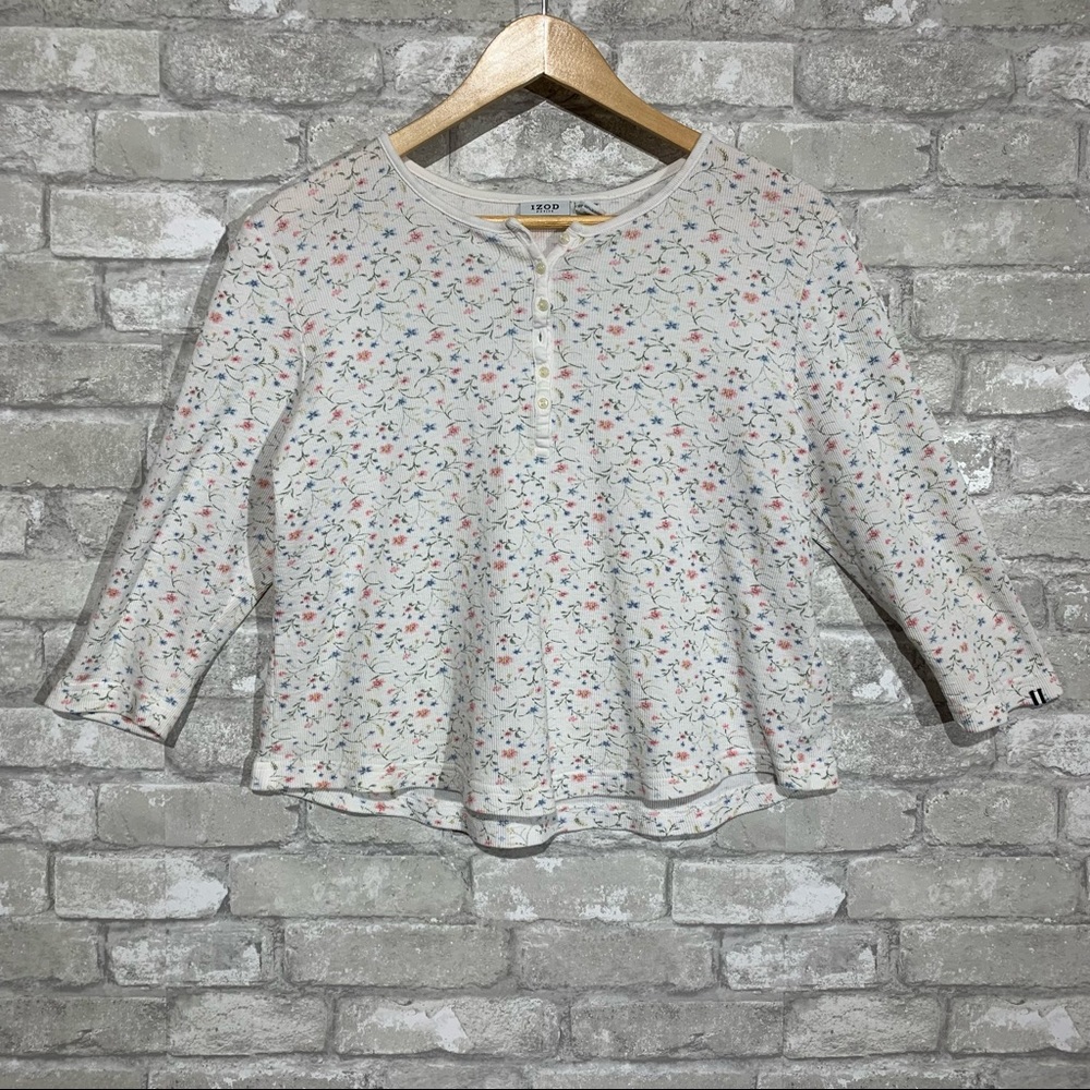 Izod Women's XL Petite Ribbed Floral Henley Top 3/4 Sleeves 100% Cotton FLAW